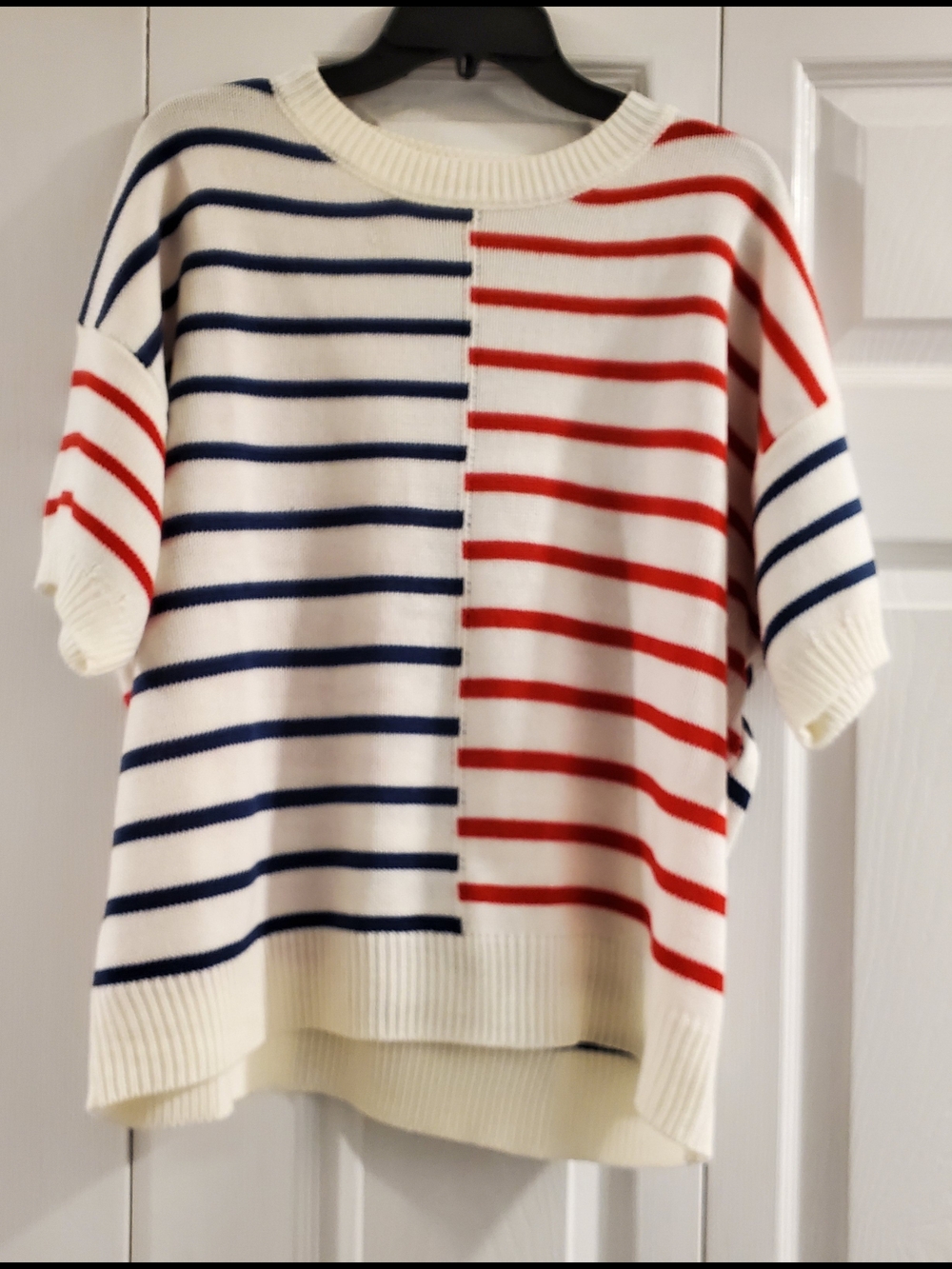White, Navy Blue & Red Striped Sweater Top